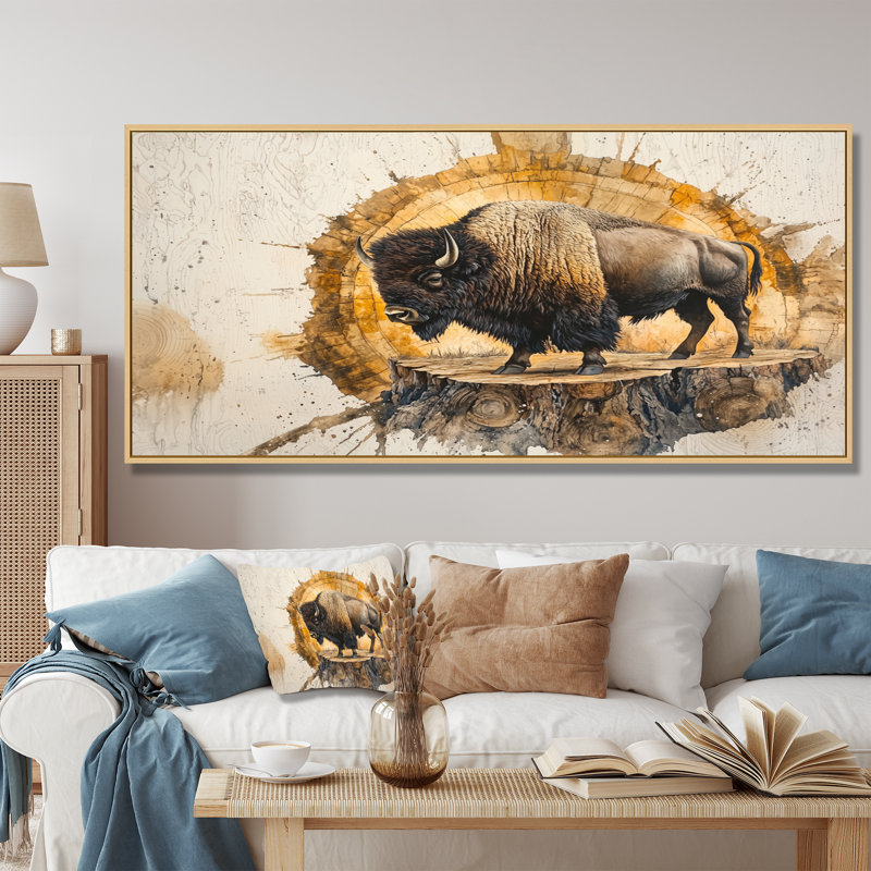 Portrait de bison américain Mareda sur glissade sur bois - art mural grand bison, H 28 po x l 60 po, Cadre flottant, Naturel
