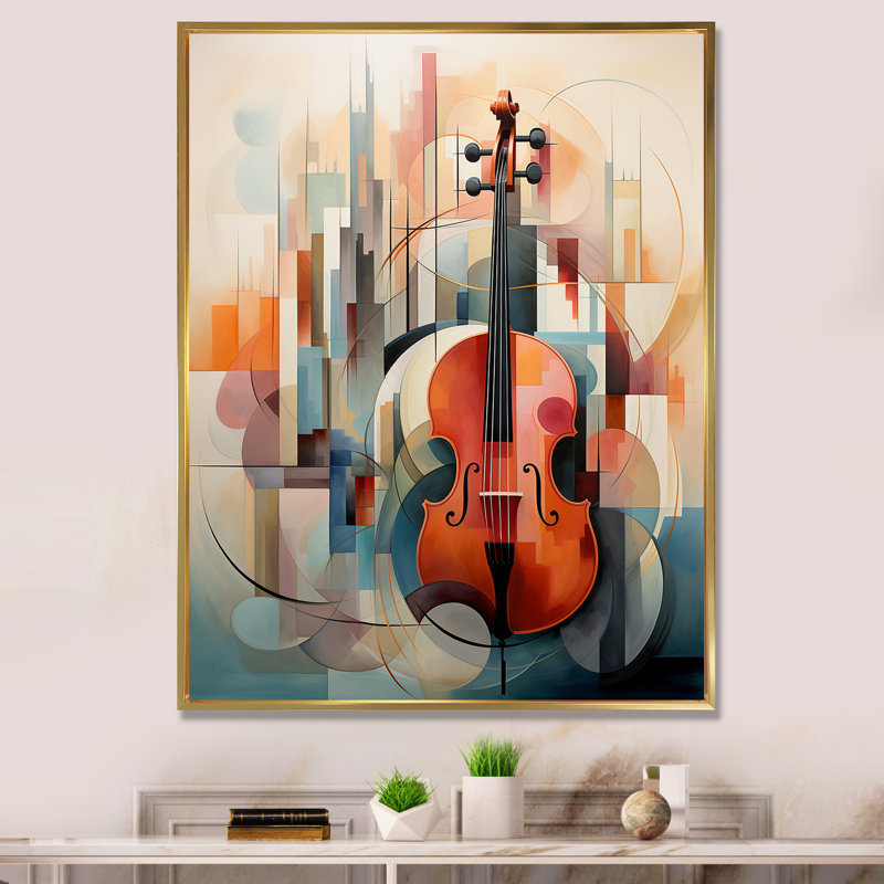 Cubique musique violon, sonate - impressions sur toile, Cadre flottant doré, H 20 po x l 12 po