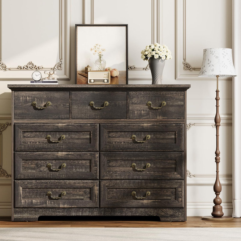 Commode 47 po 47 po avec 9 tiroirs de style rétro avec poignée en métal et commode en bois à texture naturelle avec deux tailles de tiroirs différentes pour le couloir du salon