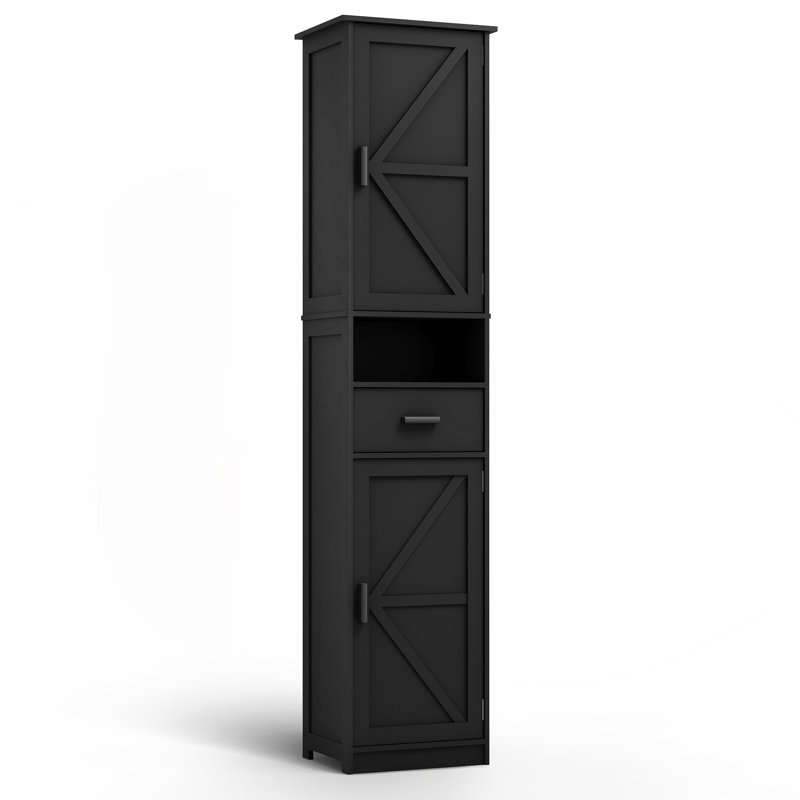 69“ Tall Bathroom With 2 Barn Doors, Narrow Storage Bookcase, Freestanding Display Shelf, Black