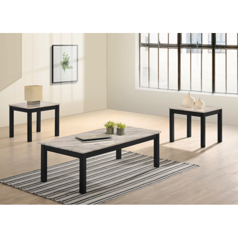 Ensemble de tables basses chic en faux marbre avec pieds noirs pour le salon, Beige