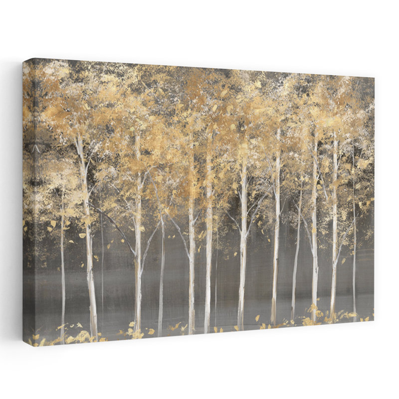 Forêt dorée abstraite sereine, art d'automne contemporain, H 16 po x l 24 po