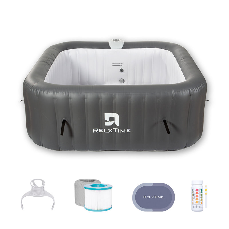Relxtime Proseries 6-person Upgraded Square Inflatable Hot Tub – 73x73 Inch Portable Spa With 15-piece Pro Kit, Grey Reinforced Design For Ultimate Durability