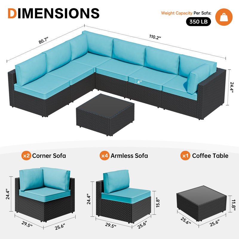 Ensemble de conversation d'extérieur en rotin pour 6 personnes avec coussins, Bleu, Noir
