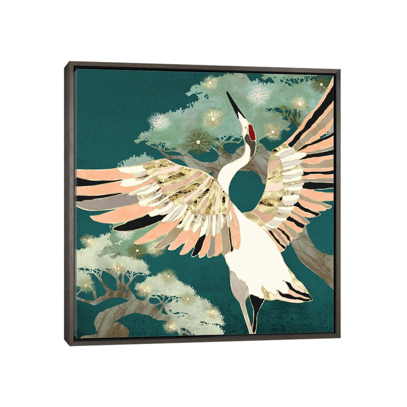Golden Crane - impression d'art graphique, H 37 po x l 37 po x P 1,5 po, Aucun mat, Toile encadrée de bois rustique foncé