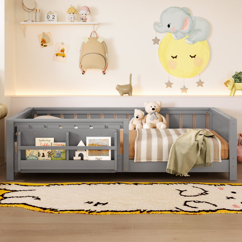 Full bed with built-in bookshelf and high-quality safety guardrail,Gray, Gray, Full