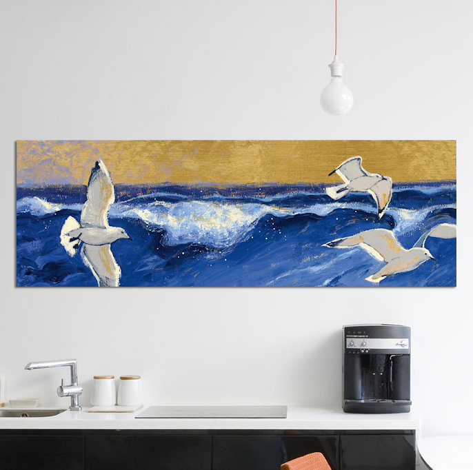 «Seagulls with Gold Sky Crop», reproduction d'art sur toile, H 24 po x l 72 po x P 1,5 po, Toile tendue