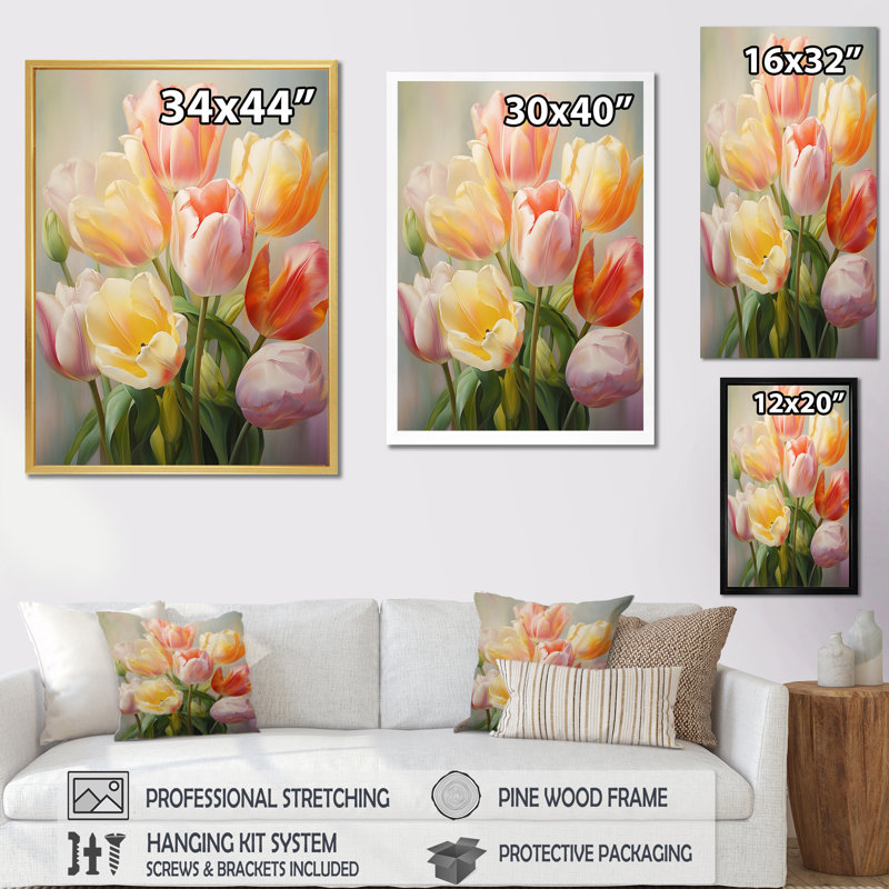 Tulipes, impression romantique - impression sur toile florale, H 32 po x l 24 po x P 1 po, Cadre flottant noir