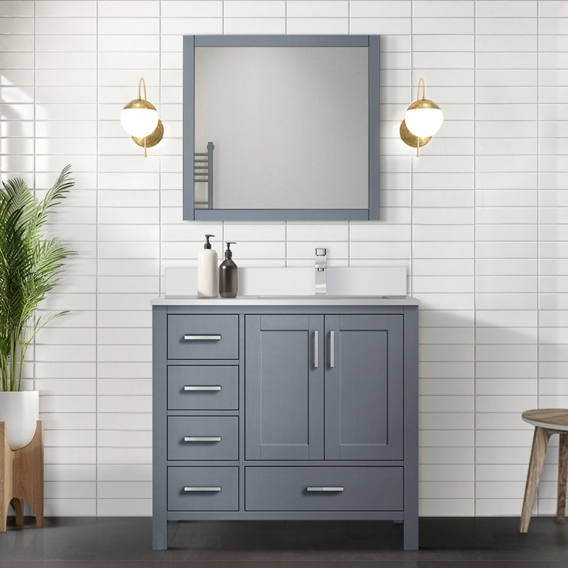 Jacques 36 in. W x 22 in. D Right Offset Bath Vanity, Faucet Set, & 34 in. Mirror, Dark Grey, White Quartz