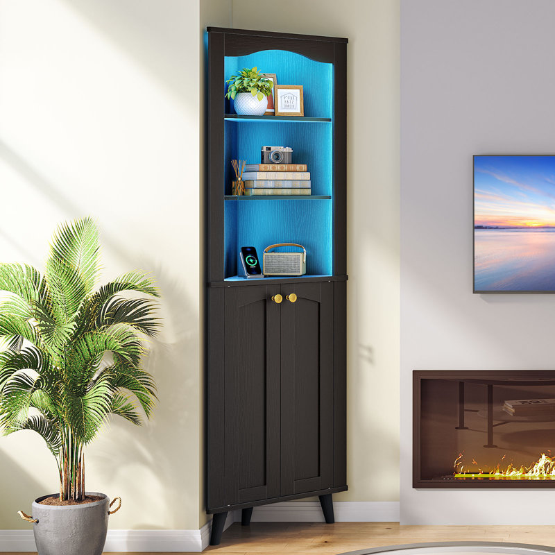 70.9" Tall Farmhouse Corner Cabinet with LED Lights, 5 Tier Corner Storage Bookcase for Living Room, Home Office, and Bedroom