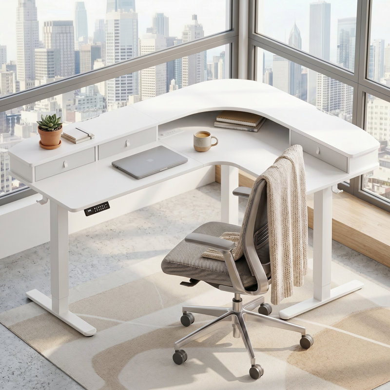 L Shaped Standing Desk,with 3 drawer storage spaces,Adjustable Height Electric Desk With Memory Controller, Ergonomic Large Computer Table with Left and Right Interchangeable Installation,Equipped with LED lights， 63 inch，White