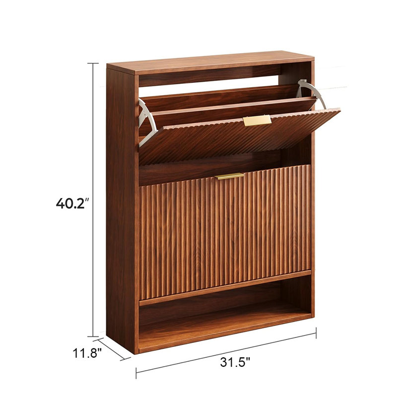 Fluted Shoe Cabinet for Entryway, Narrow Freestanding Shoe Storage with 2 Flip Drawers, Bottom Open Shelf and Side Hooks for Foyer or Hallway