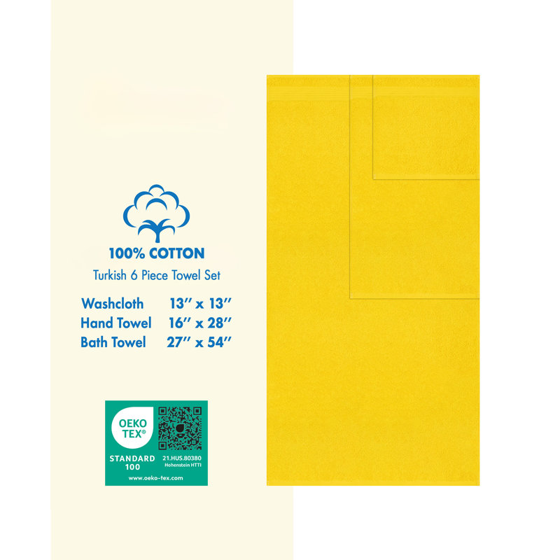 Ensemble de serviettes de bain luxueuses 100% coton turque 6 pièces, très doux et absorbant, Jaune