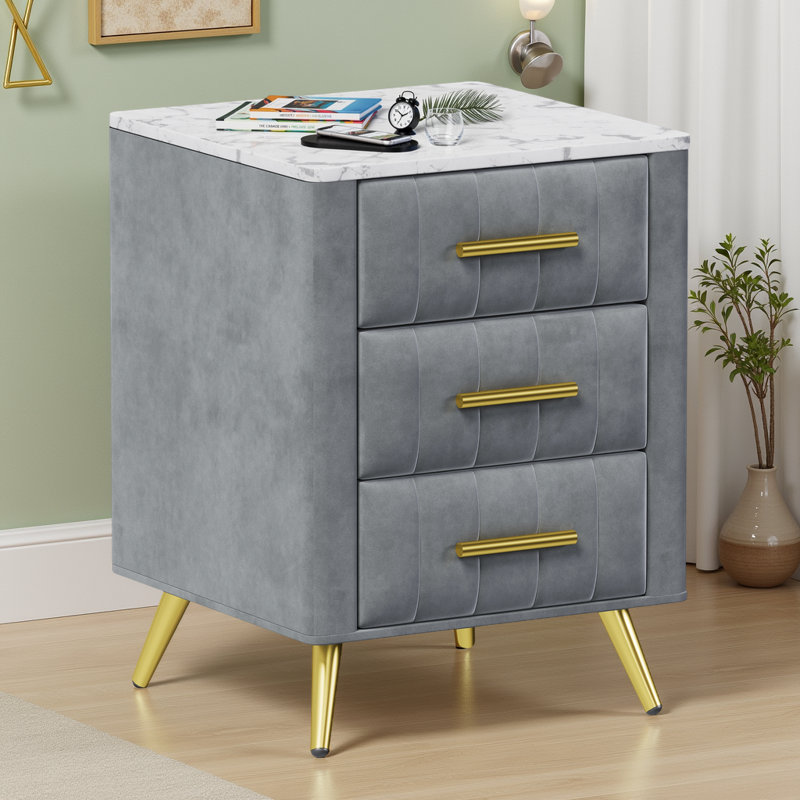 Table de chevet en velours 16 po avec 3 tiroirs - Table de chevet en marbre avec pieds en métal, armoire de rangement moderne gris