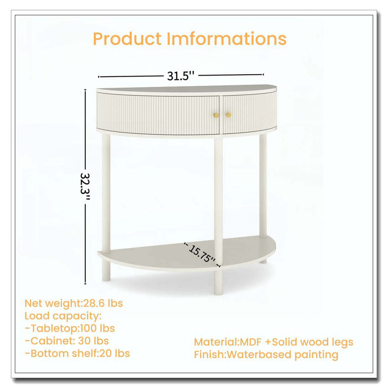 Console Table Half Moon Design End Table With 2 Storage Drawers And Bottom Shelf For Living Room, Bedroom, Study, Hallway
