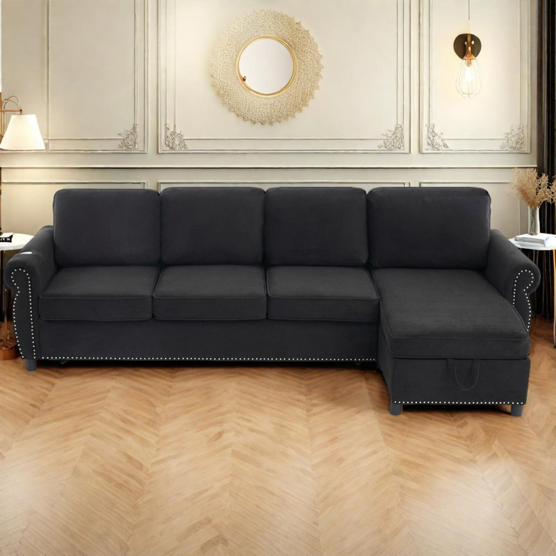 Canapé-lit modulaire coulissant 106,5 "avec ports de charge et matelas en mousse à mémoire de forme, Noir
