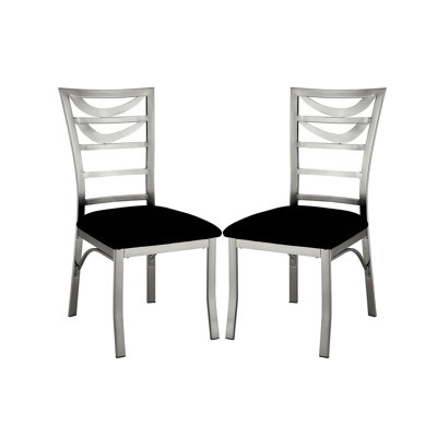 Chaise de salle à manger contemporaine en métal argenté 2 pièces avec siège en microfibre noir