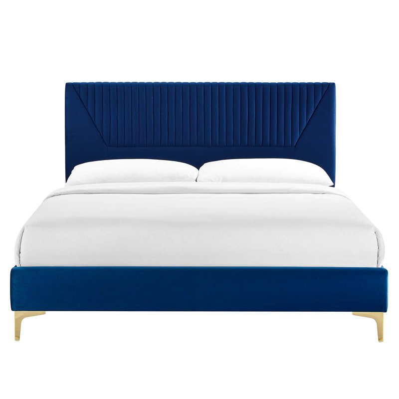 Lit plateforme en velours Yasmine Channel, Grand, Bleu marine