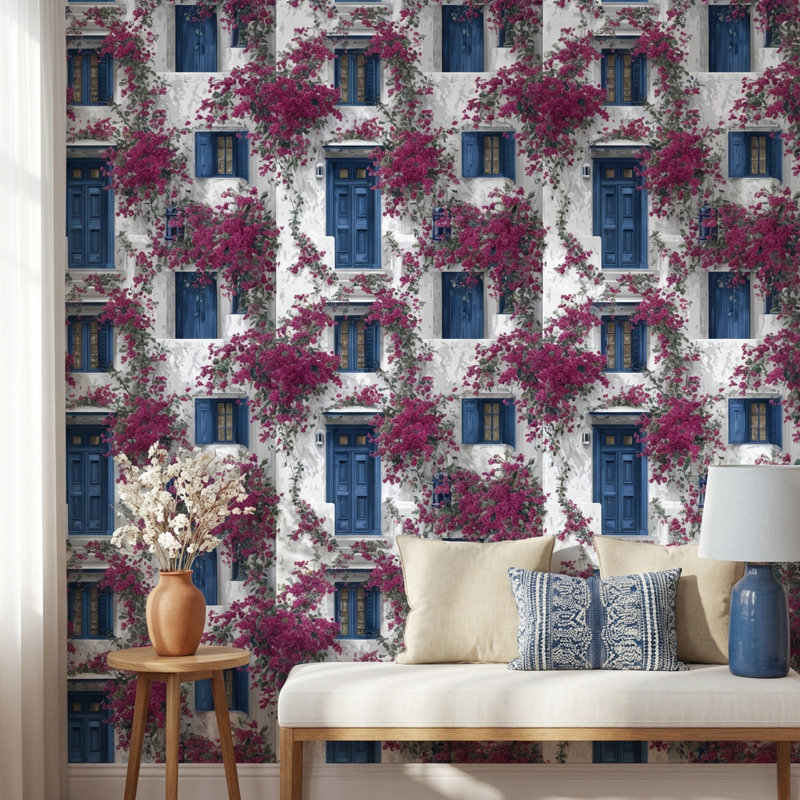 Papier peint floral bleu méditerranéen, Peler et coller