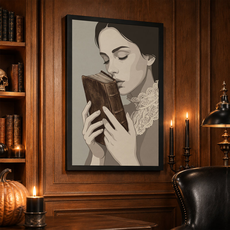 Femme tenant un livre brun rétro avec un collier en dentelle, toile d'Halloween, 36"H x 24"W