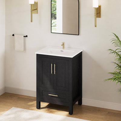 Ensemble de meuble-lavabo simple 24 po avec lavabo en céramique noir, contreplaqué de bois franc, portes à fermeture en douceur et rangement réglable intérieur