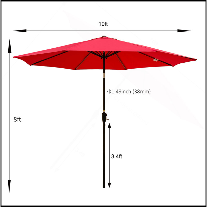 Parasol de patio extérieur 10 pi (3 m) sans rabat, 8 pièces, avec inclinaison, avec manivelle, sans base, rouge, taille de poteau 38 mm (1,49 pouce)