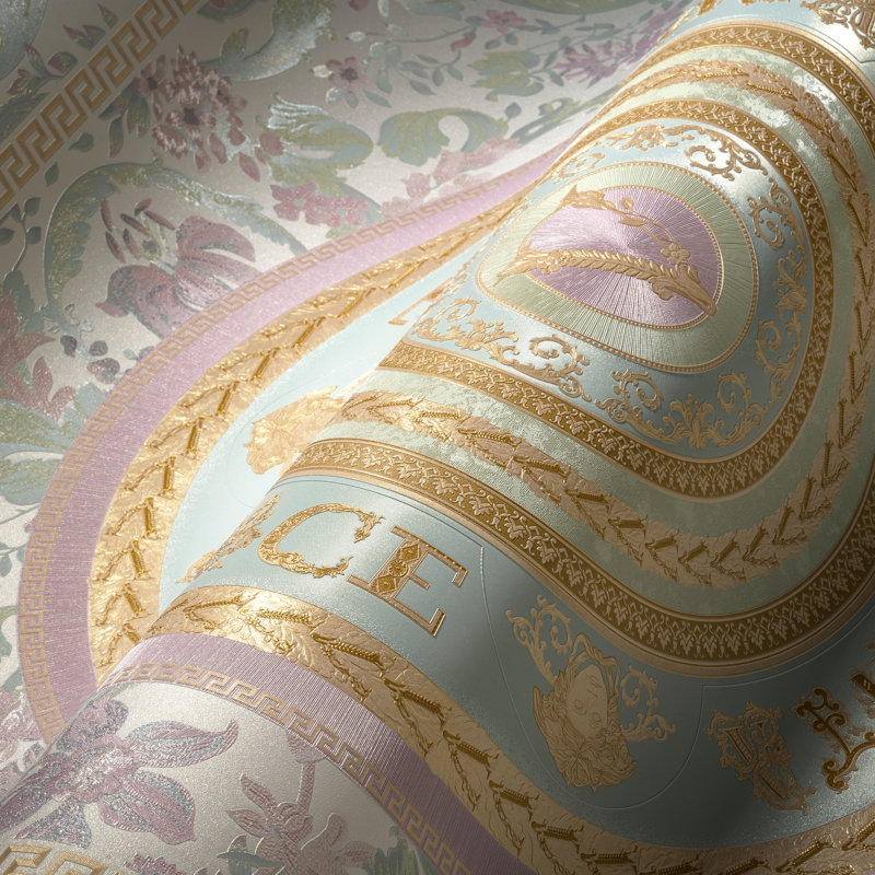 Versace Luminous Ember Unpasted Vinyl Wallpaper, Cream/Gold/Pink/Green