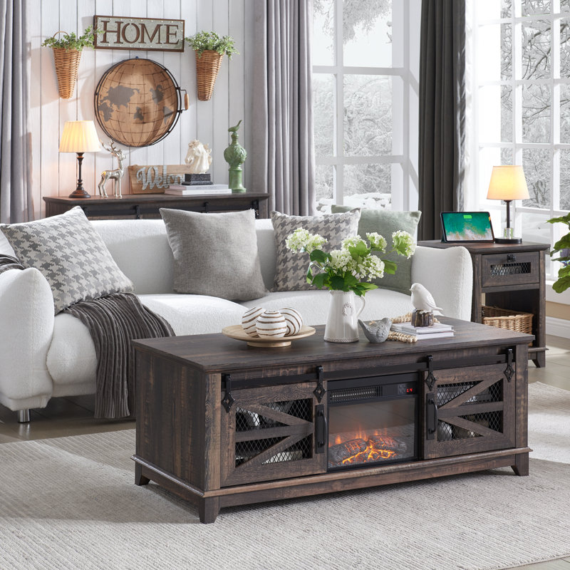 Colfax 48'' Coffee Table with 13'' Electric Fireplace & Sliding Barn Doors, Dark Rustic Oak