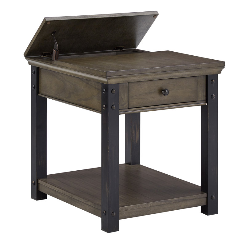 Kennemer End Table with Storage and Built-In Outlets, Antique Gray
