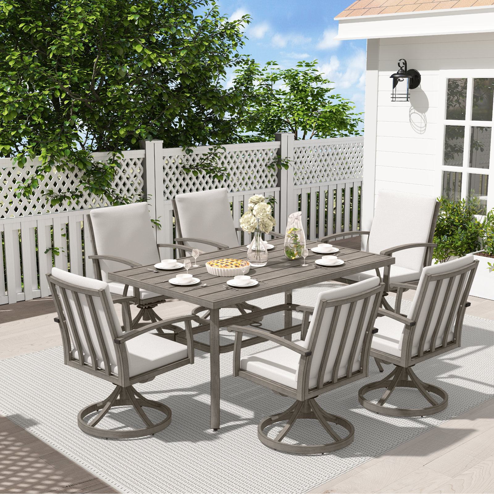 Whittlesey Rectangular Aluminum Dining Set with Cushions, 6, Gray