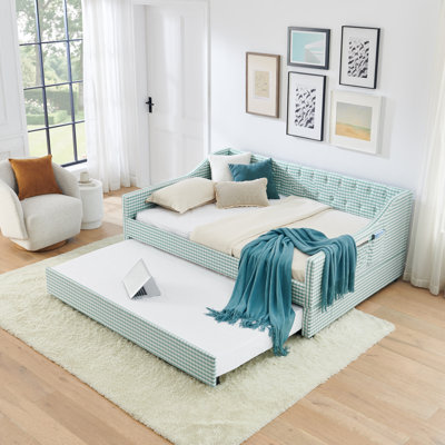 Lit de jour pleine grandeur, lit de jour convertible rembourré avec dossier capitonné, canapé-lit polyvalent 3 en 1 avec lit gigogne escamotable et rangement latéral, parfait pour une vie compacte