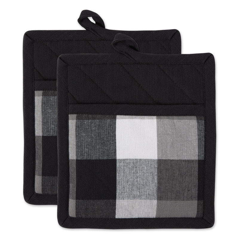 Design Imports Checkered Cotton Potholder Set, Black