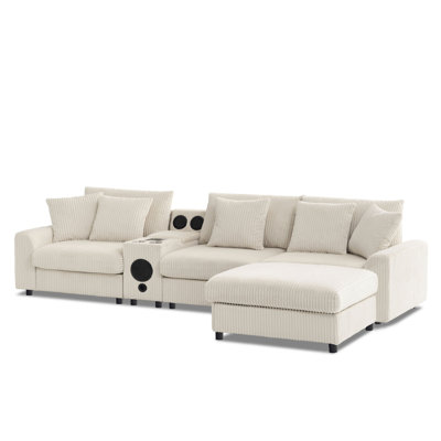 [VIDEO]112*64'' Corduroy Sectional Sofa with Bluetooth Speakers,L-Shaped Couch with Console,USB Charger,Cup Holders,Storage,Ottoman,Deep and Wide Seat Cloud Sofa for Living Room&Apartment,2 Colors