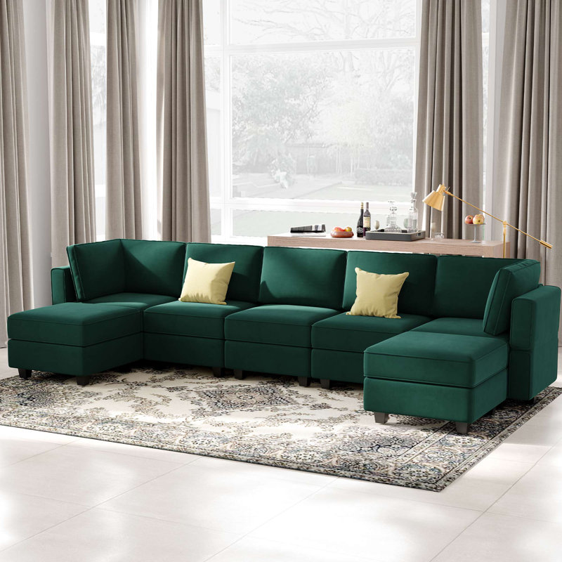 Ridoy 7-Pieces Large Velvet Upholstered Sectional Modular Variable Sofa & Chaise with Storage, Green Velvet
