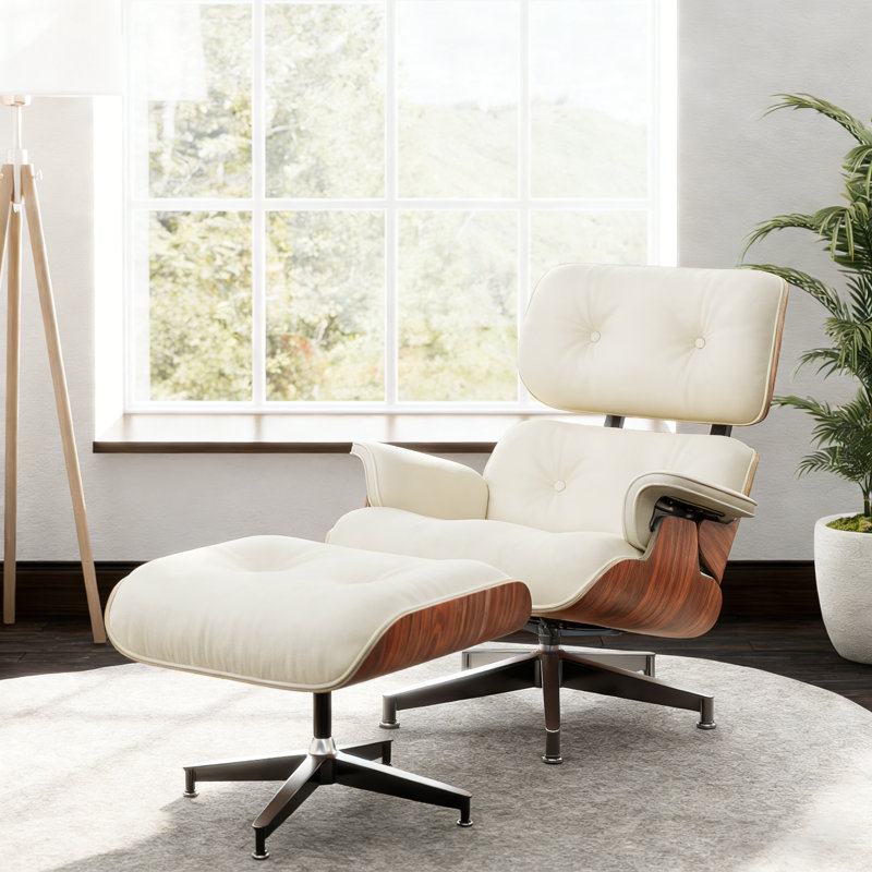 Chaise longue pivotante classique en cuir fleur avec base en bois massif et robuste, Bois de rose blanc