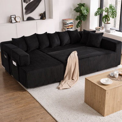 146" U-Shaped Sectional Sofa, 5-Seater Modular Convertible Sleeper Couch with 8 Pillows & Magazine Pockets, Corduroy Oversized DIY Sofa for Living Room, No Assembly Required