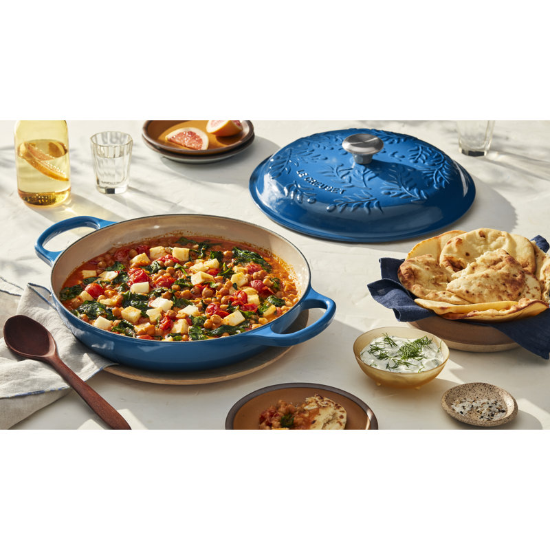 Blue Enameled Cast Iron Round Braiser with Embossed Lid, 3.5 Quarts