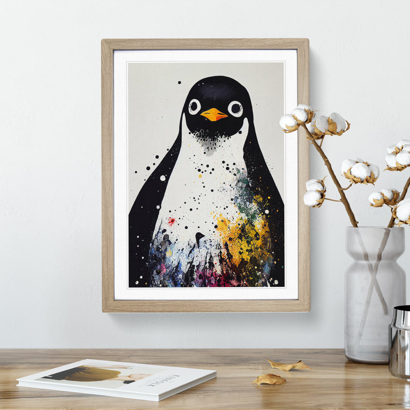 XV1022-3237X Paint Splash Penguin No.5 - Single Picture Frame Print, 64cm H x 46cm W x 2cm D, Oak