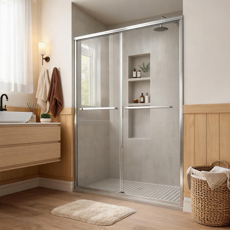 Porte de douche coulissante double à cadre chromé de 50 à 54 pouces, en verre trempé transparent avec revêtement nano