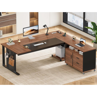 L-Shaped Steel Computer Desk with Built-In Electrical Outlet