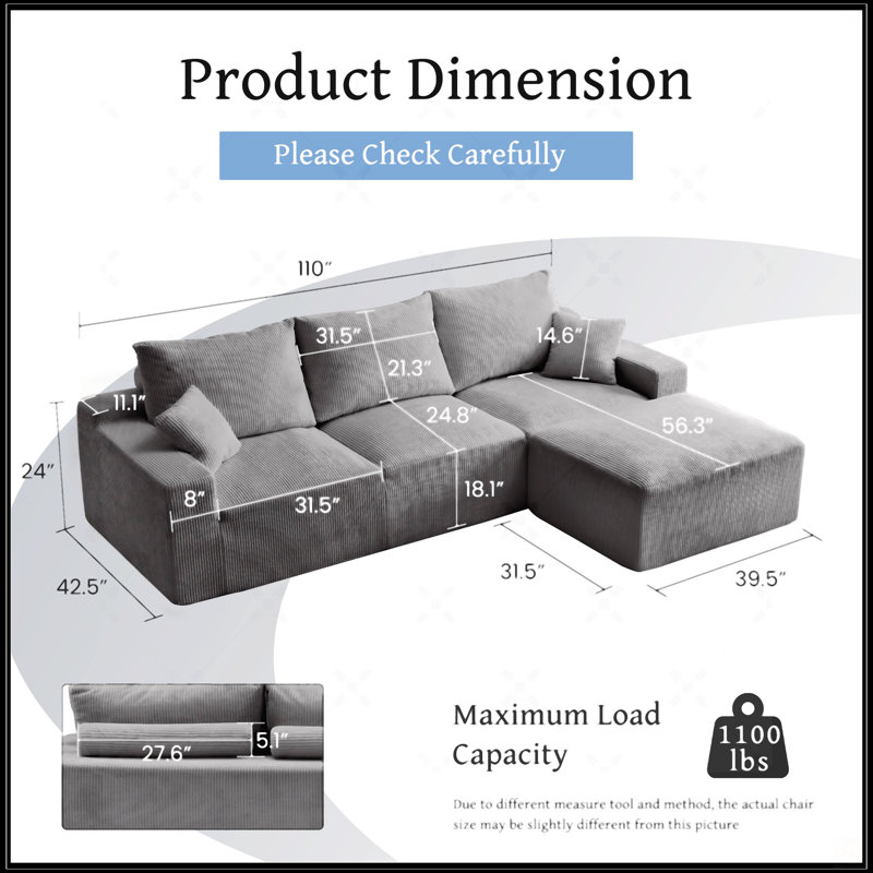 110 L-Shaped Sectional Sofa, Gray