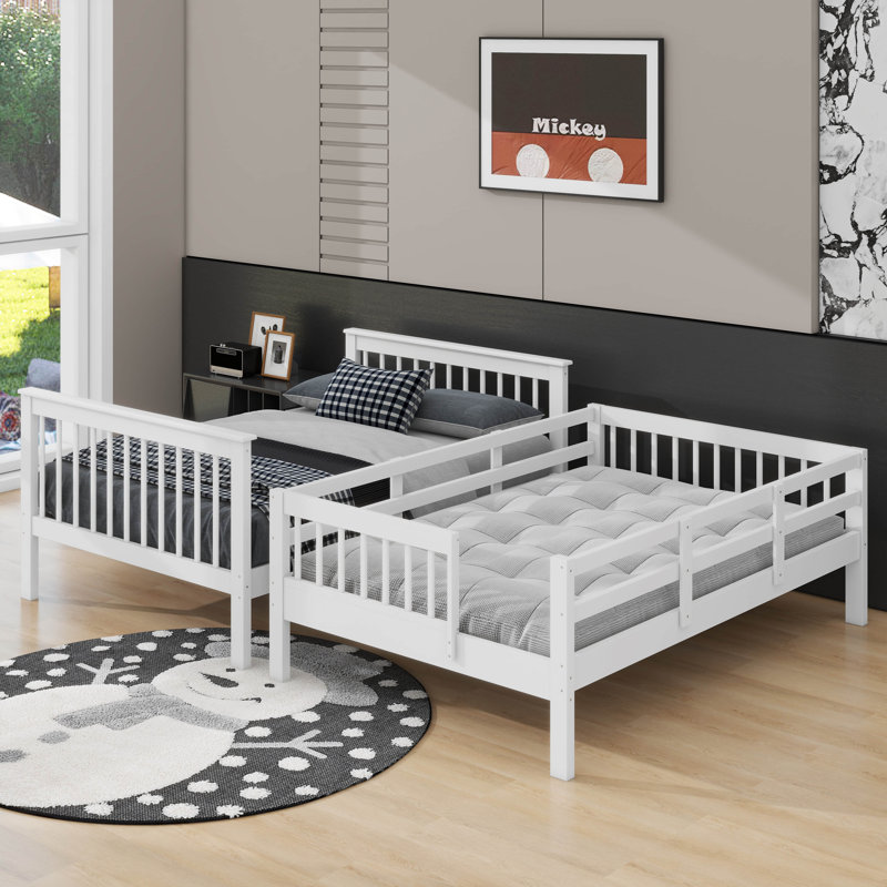 Lit superposé double avec barrière de sécurité et rangement, Blanc