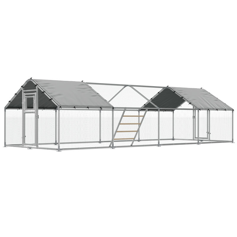 Très grand poulailler de 26 pi x 10 pi, poulailler de toit avec couvercle Spire, portes avant et arrière, porte d'alimentation, échelle de repos, structure en acier galvanisé