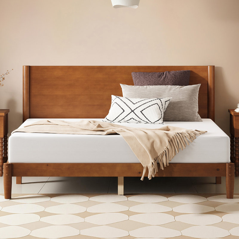 Mid Century Solid Wood Platform Queen Bed Frame With Wood Slat Support, Brown, Brown, Queen
