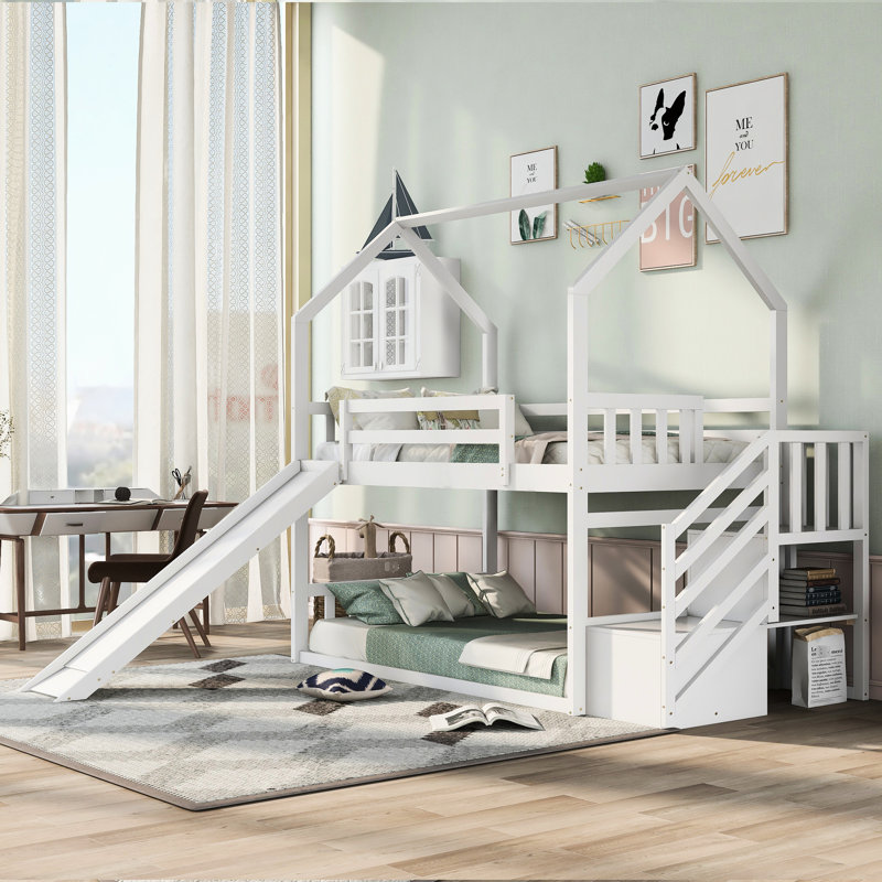 Lit superposé simple blanc / simple avec escalier de rangement convertible et glissade - Pinewood For Family, Blanc