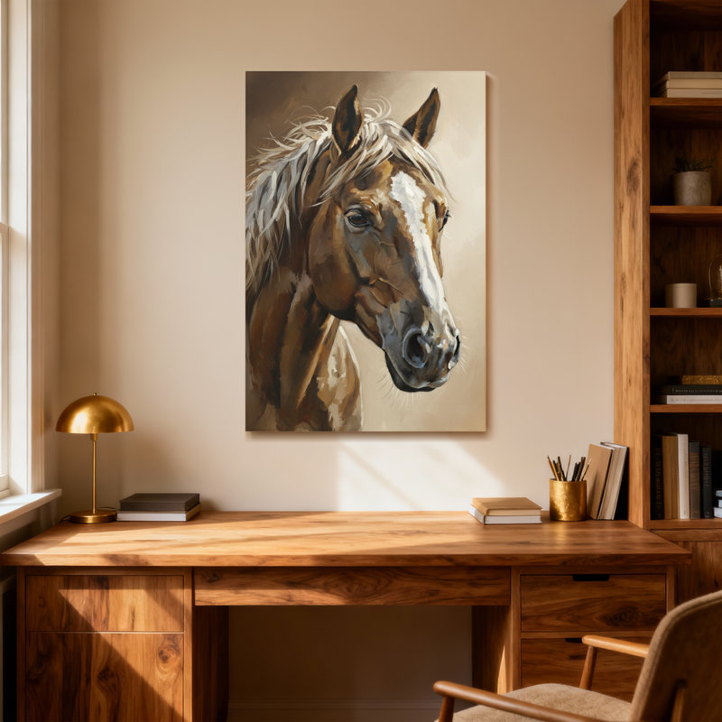Portrait d'animaux à cheval avec une flamme blanche et un manteau brun, H 24 po x l 16 po