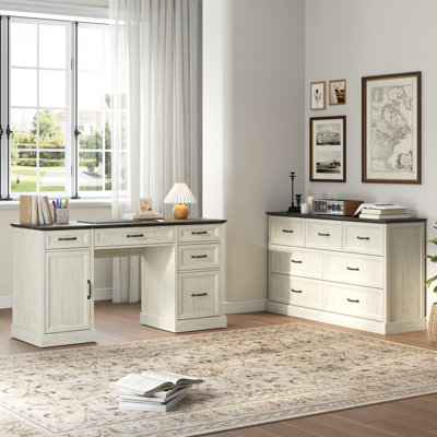 Hailiey Modern 2-Piece Office Set - Writing Desk with File Organizer and 7-Drawer Dresser, Textured Woodgrain Finish