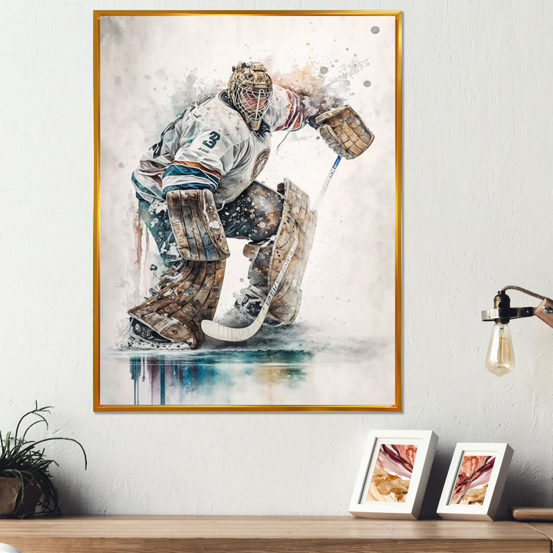 Hockey Gardien pendant le jeu VI - Peinture sur toile, H 40 po x l 30 po x P 1,5 po, Cadre flottant doré