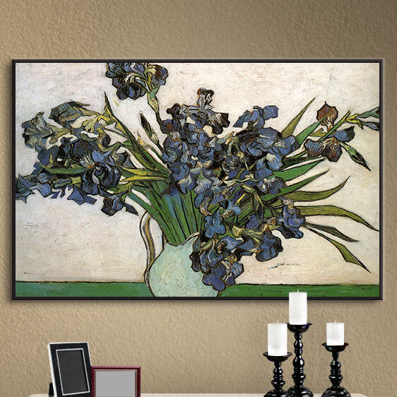 Vase avec des iris violets sur fond rose par Vincent Van Gogh - reproduction, H 36 po x l 48 po
