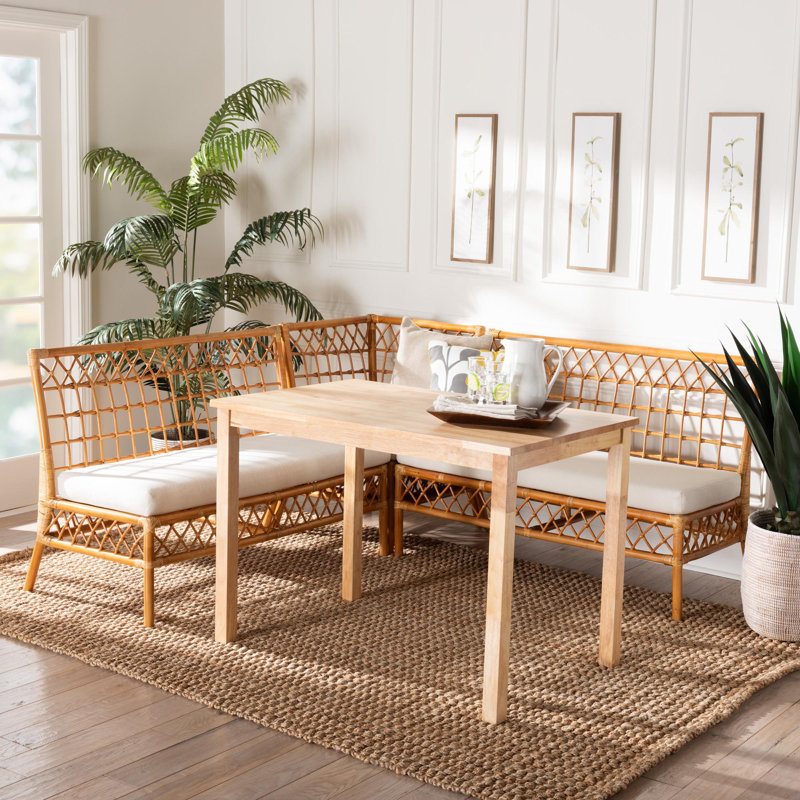 Bali & Pari Camica Modern Bohemian Honey Rattan 4-Piece Dining Nook Set